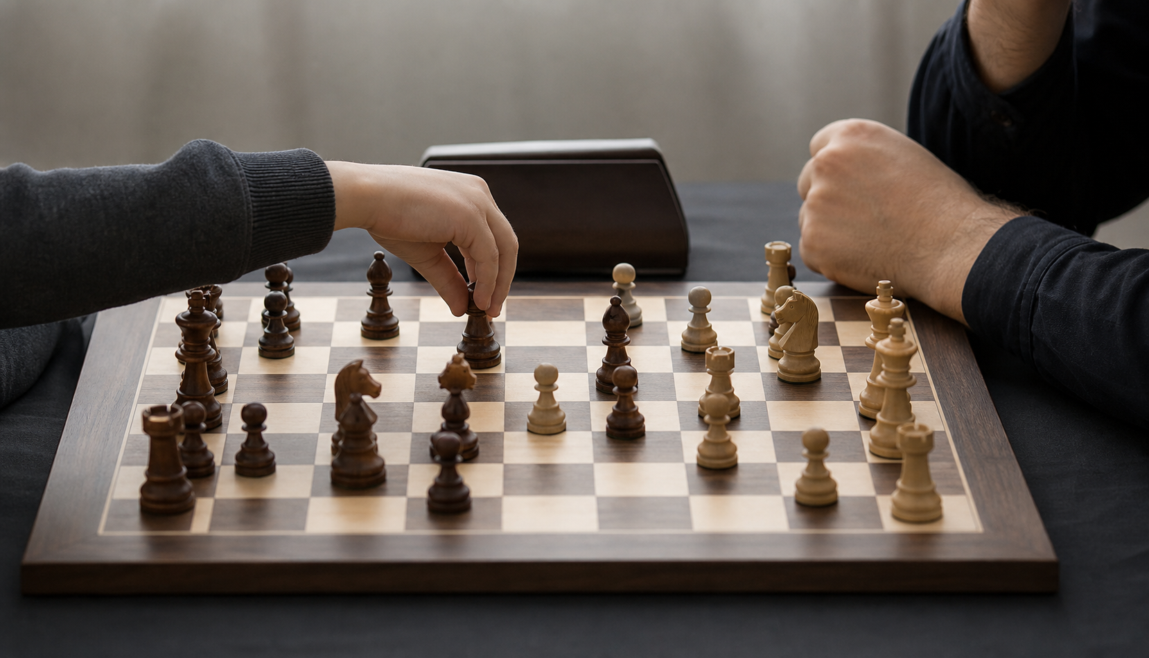 A child's hand and an adult opponent's hand face each other across a complex tournament chess position.