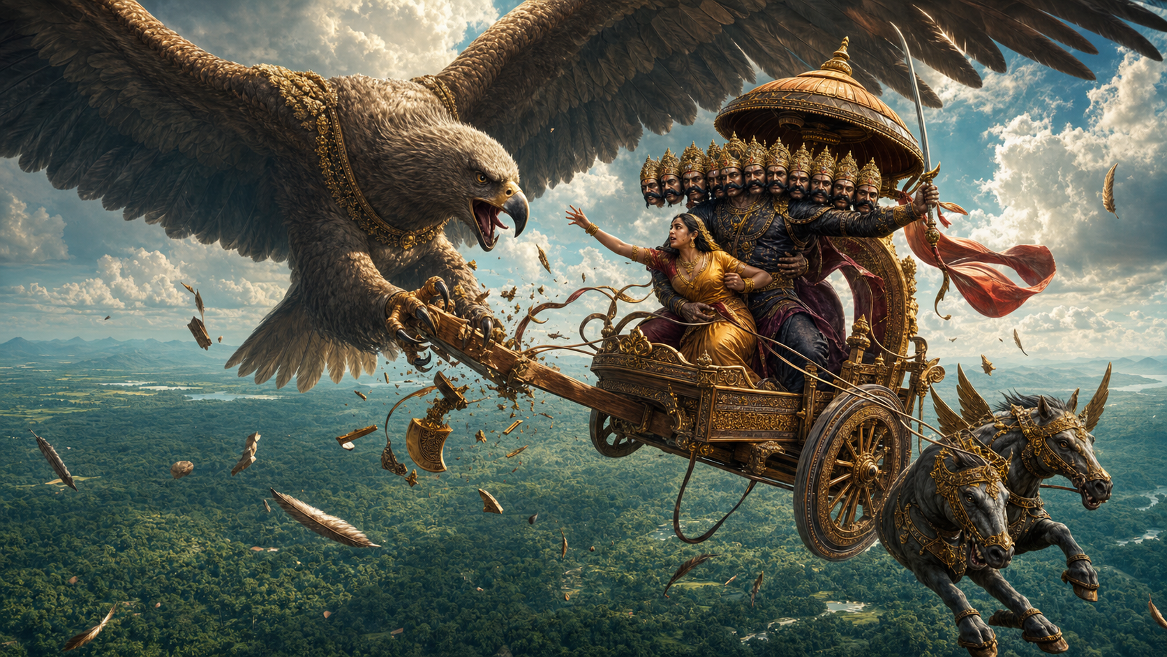 Jatayu attacks Ravana's airborne chariot as Ravana carries Sita above a forest, with the vehicle's yoke and canopy breaking apart.