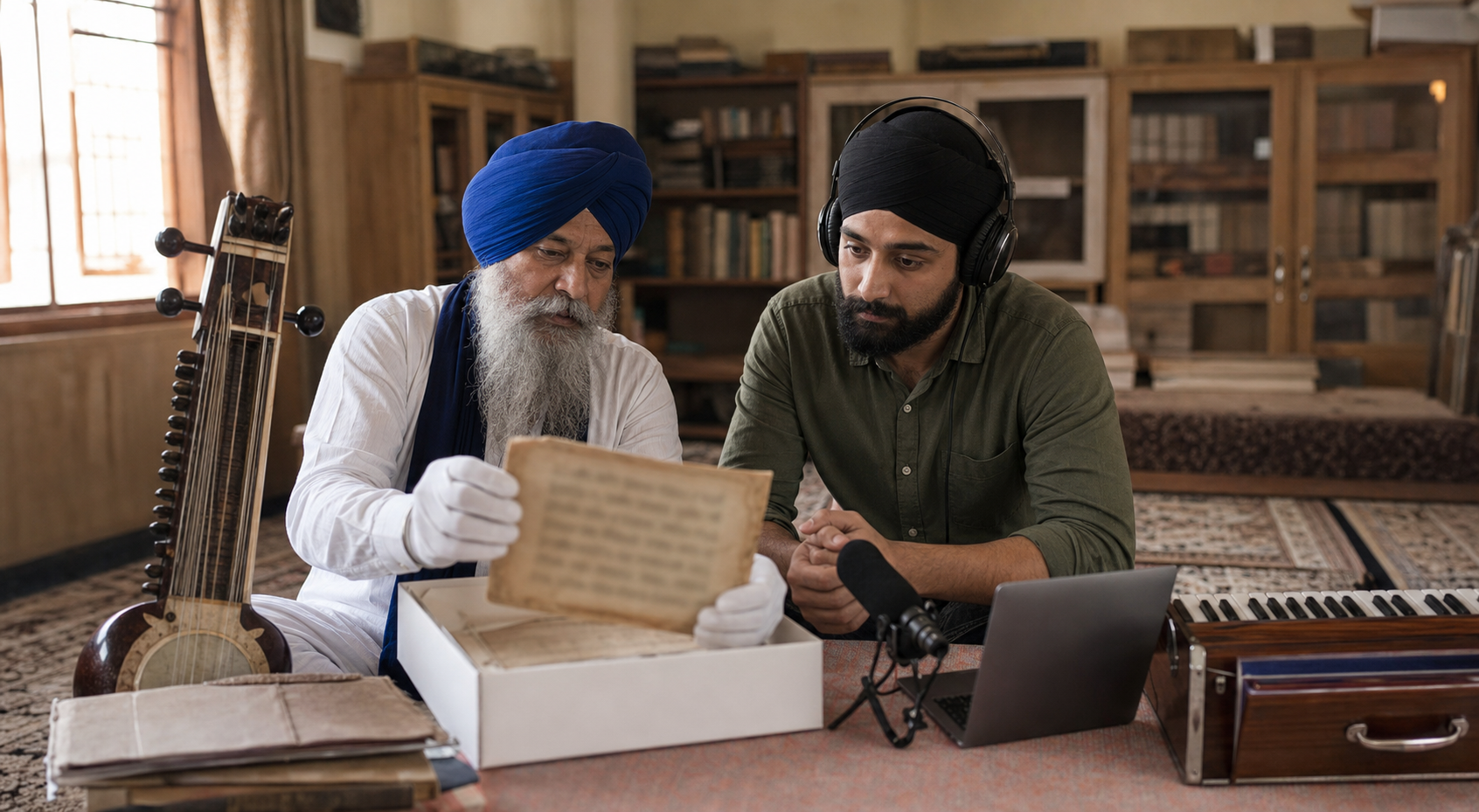 An older Sikh musician and a younger adult preserve an audio recording and manuscript materials beside traditional musical instruments in a community archive.