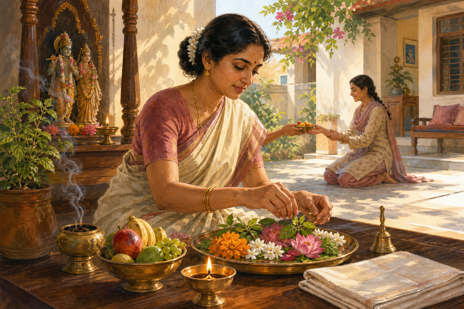 A devotee arranges flowers near a shrine while a lamp, bell, incense, folded cloth, and offered fruit connect worship with daily service.