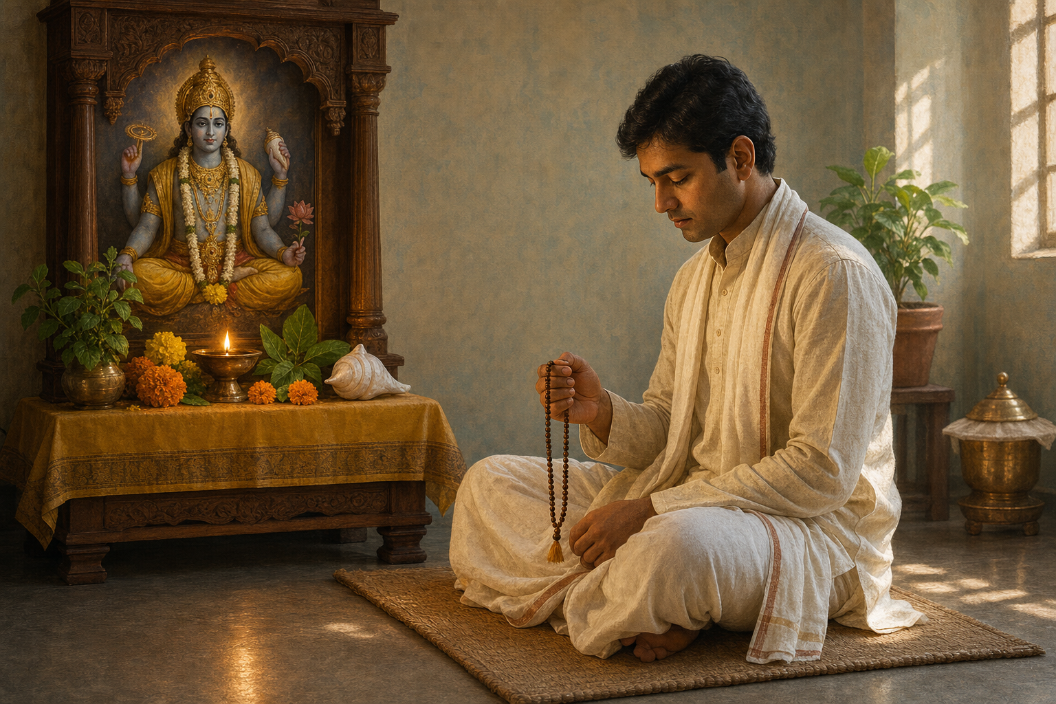 A devotee uses prayer beads before a flower-decorated home altar with a lit oil lamp and conch shell.