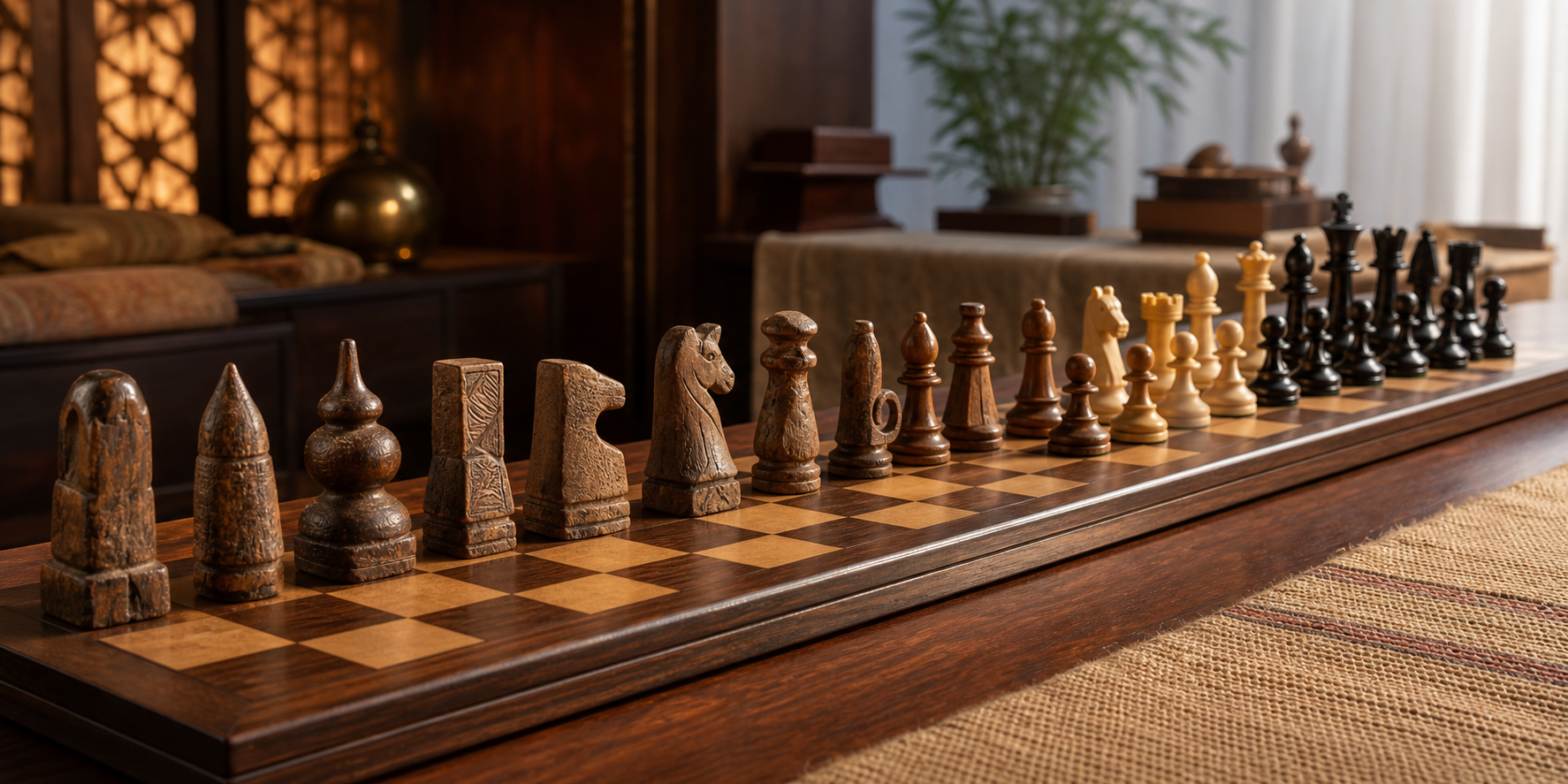 Historically inspired chaturanga pieces transition into modern tournament chess pieces across a wooden board.