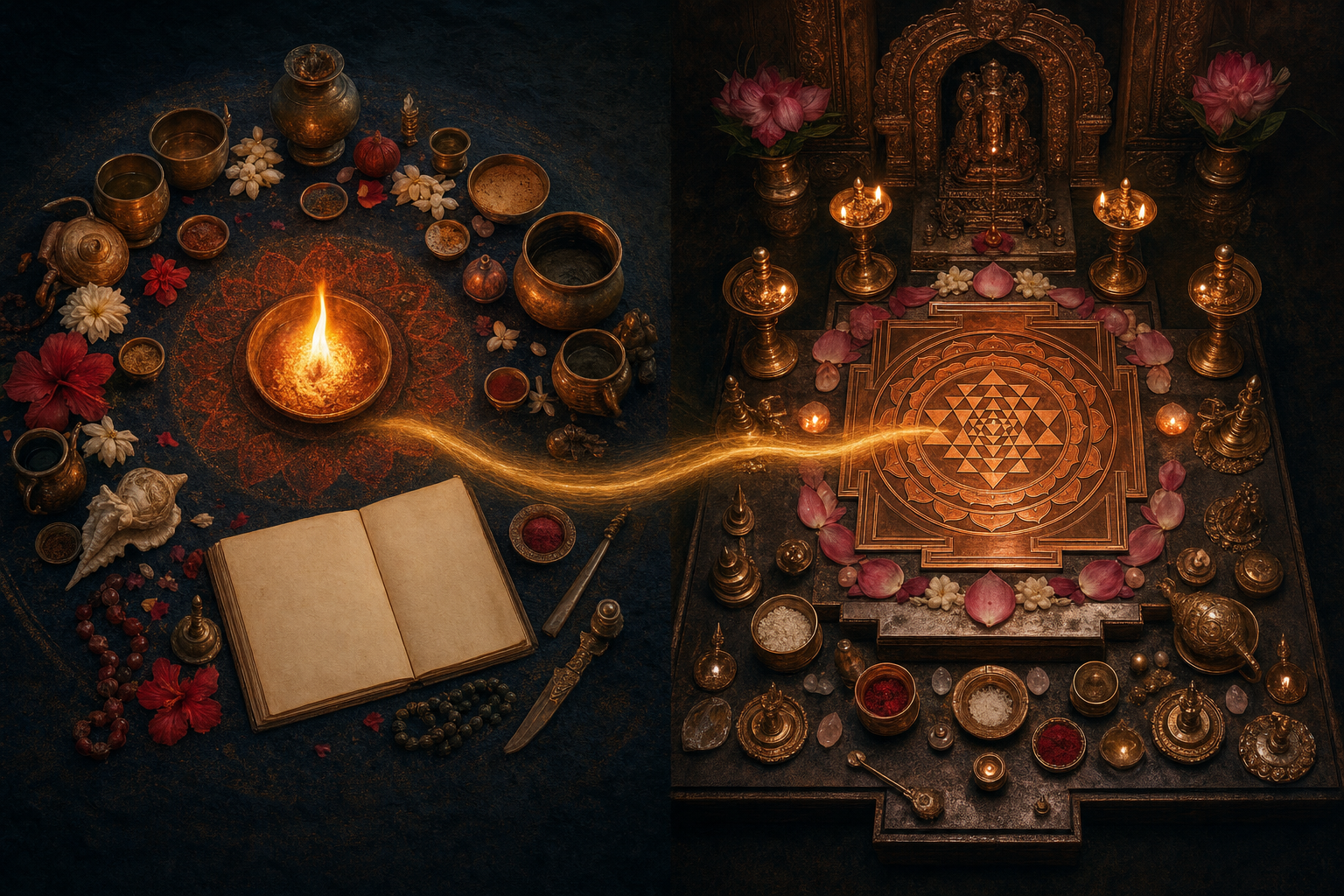 A diptych contrasts a circular altar centered on a flame with an ordered shrine centered on a copper Sri Chakra, linked by golden light.