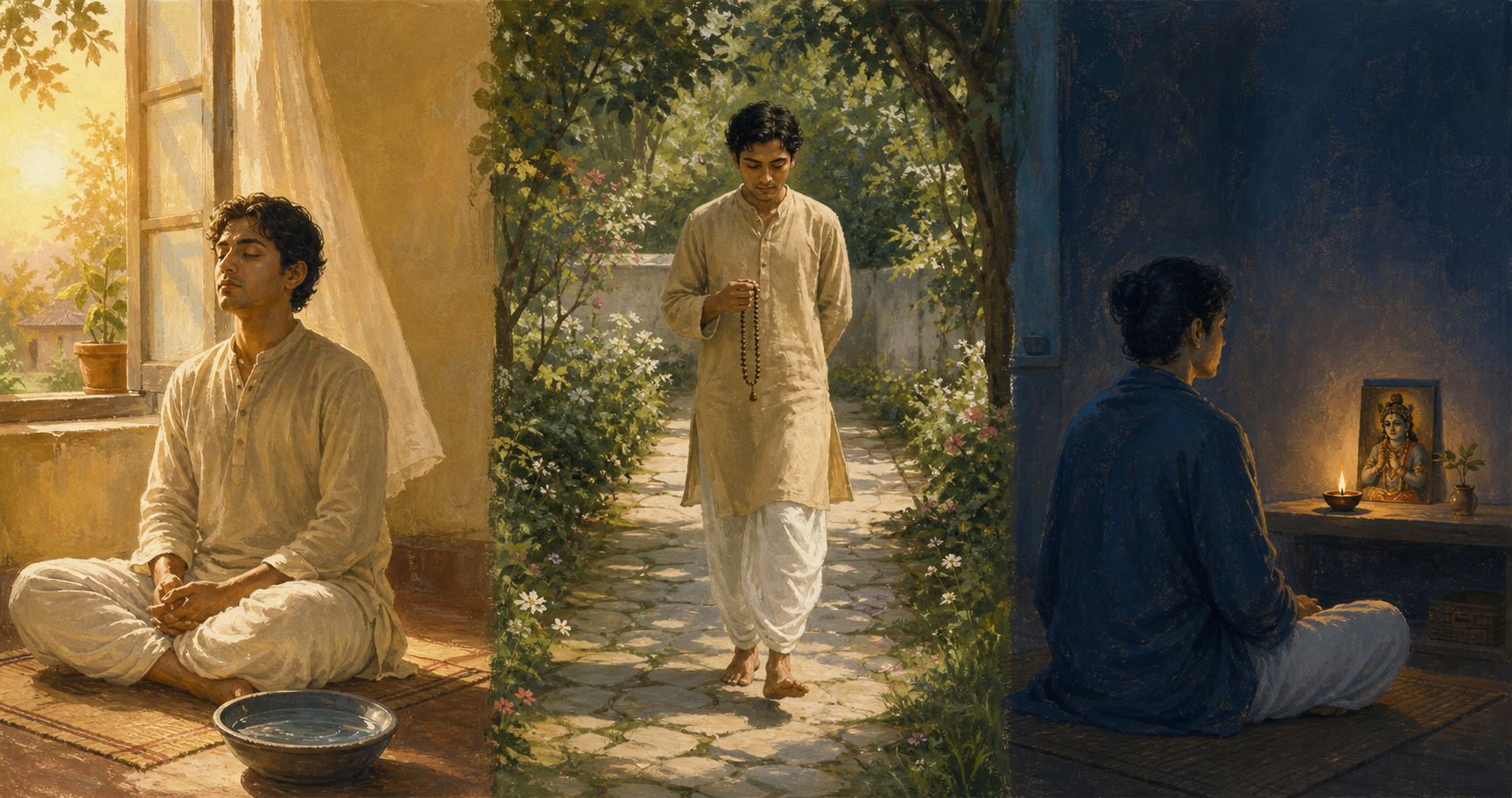 Three scenes show an alert seated meditation, walking prayer with beads, and quiet meditation before a single lamp in an uncluttered room.