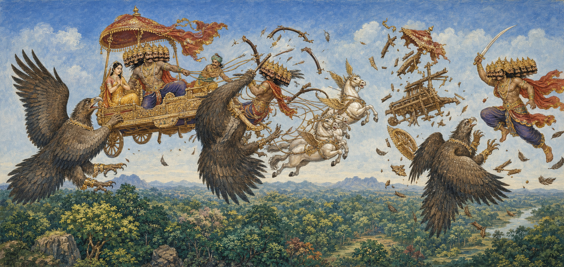 A continuous scene shows Jatayu intercepting Ravana's chariot, damaging the vehicle and its weapons, and then facing Ravana's sword.