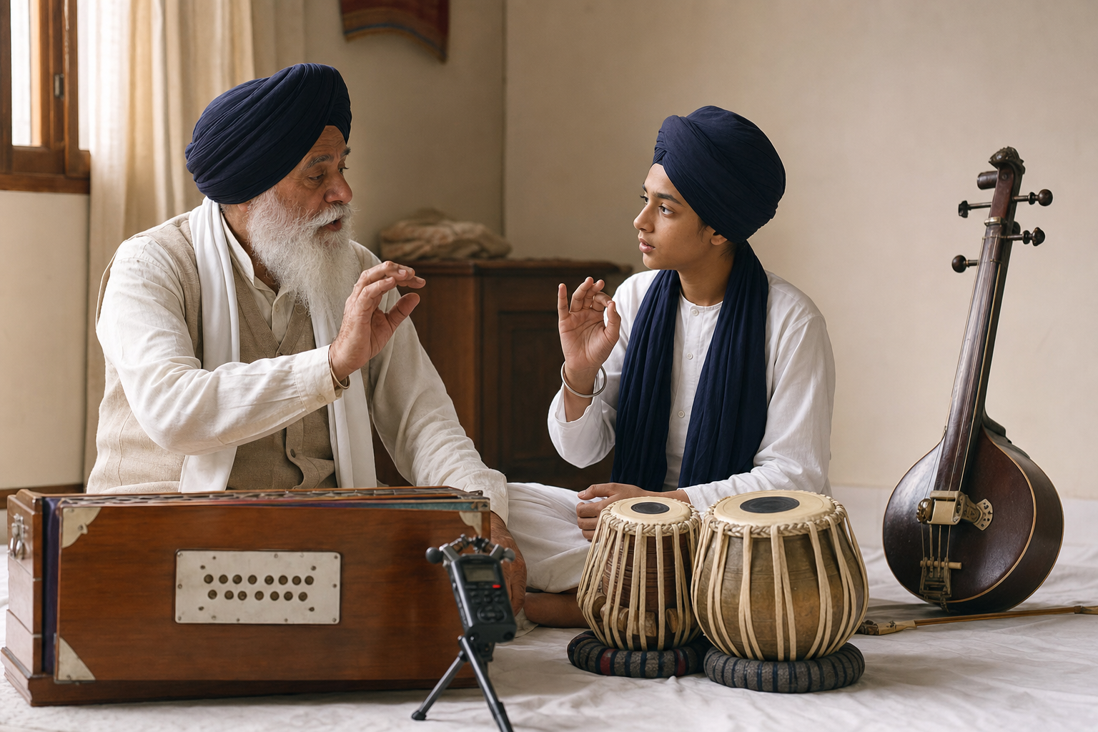 An elder Sikh vocalist teaches a younger musician during a recorded sacred music practice session.