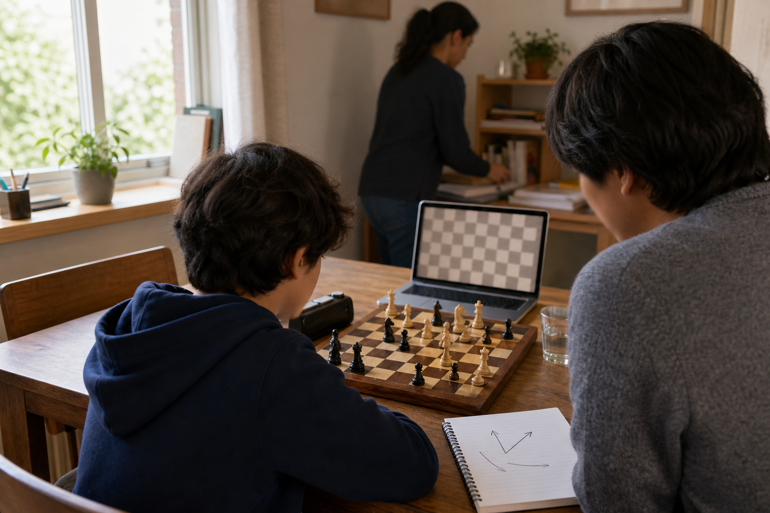 A young player practices chess with a coach while a caregiver organizes materials in a quiet home study.