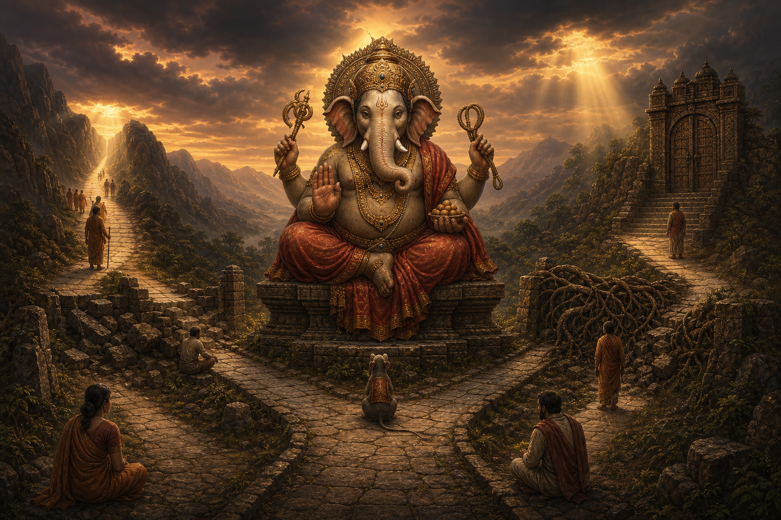 Ganesha sits above branching paths, some open and some blocked, while several pilgrims pause along the stone routes.