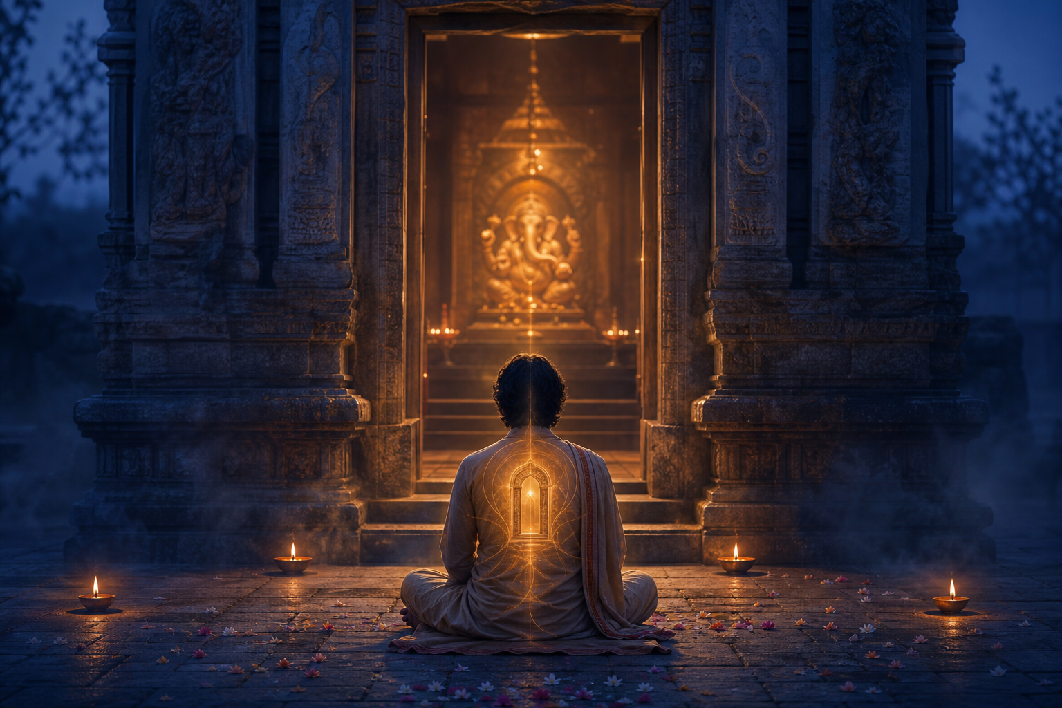 A devotee meditates before a glowing Ganesha shrine as a subtle doorway of light appears at the center of the devotee's chest.