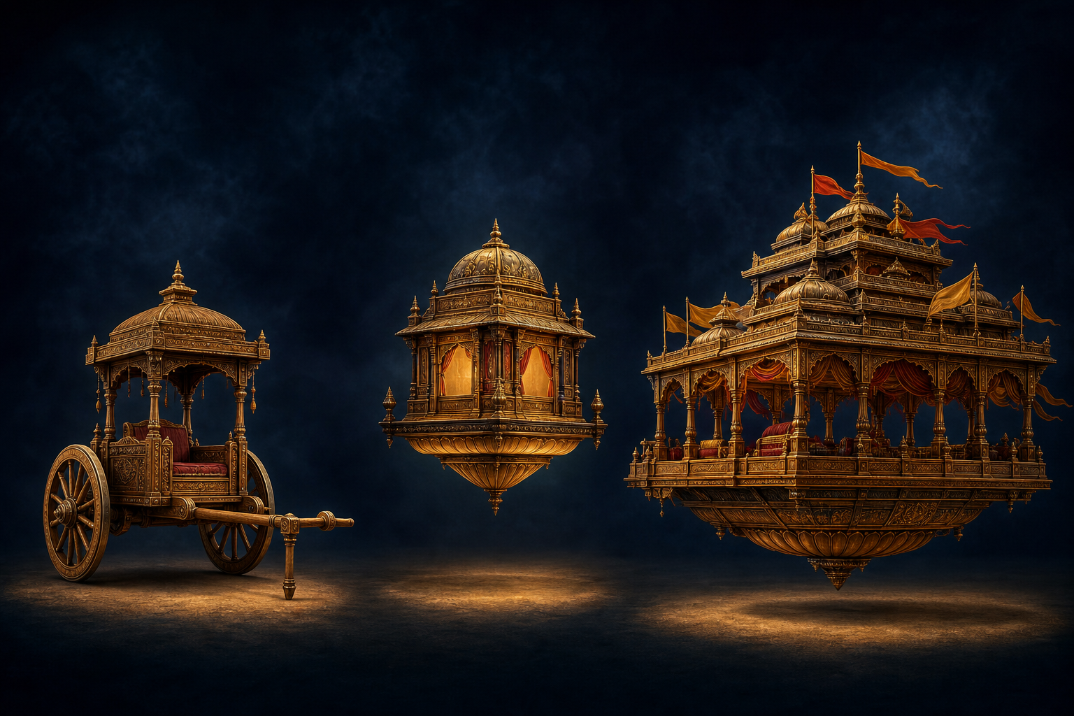 Three distinct imagined vehicles are shown side by side: a harnessed chariot, a celestial aerial craft, and a large palace-like flying pavilion.