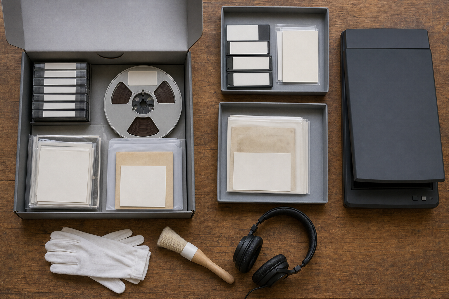 A small group of recordings, photographs and protected folios is arranged with archival tools for cataloguing and digitisation.