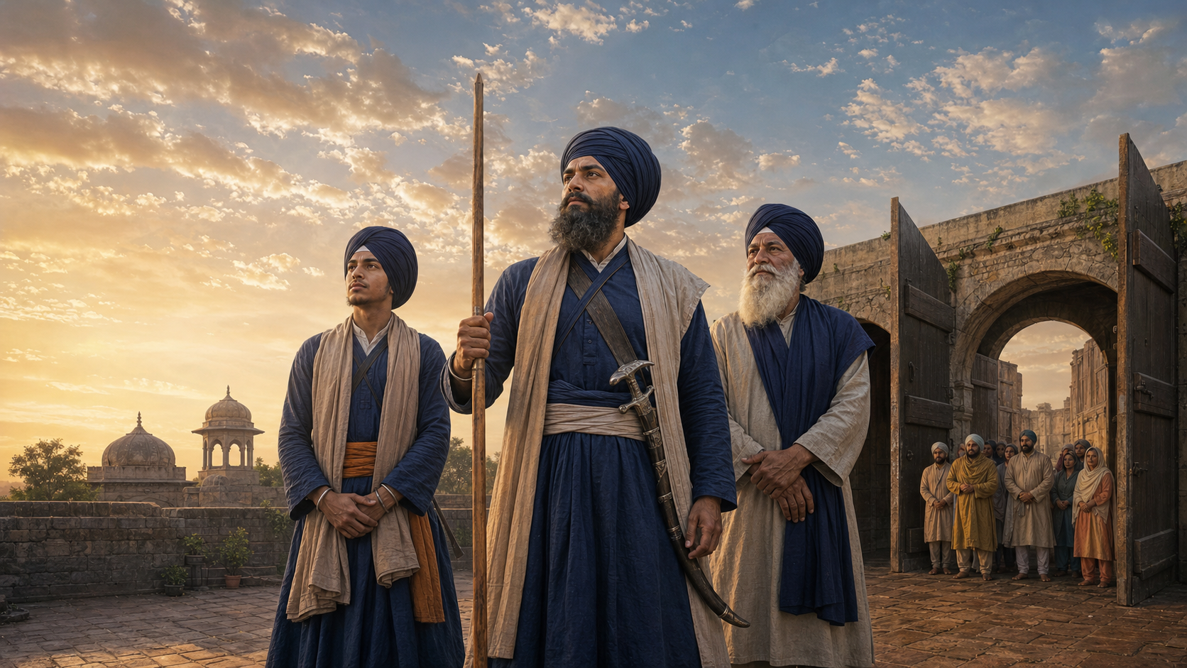 Three Sikh adults in traditional attire and dastars stand watchfully in a dawn-lit stone courtyard, with a sheathed kirpan and an upright wooden staff visible.