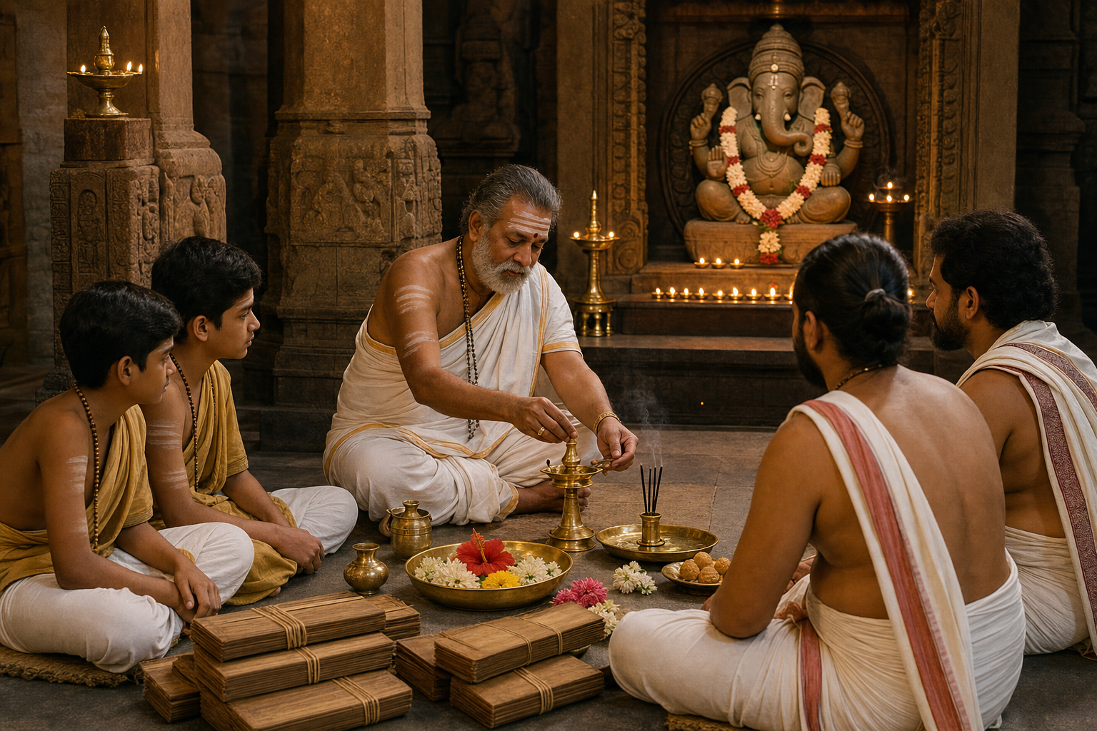 A temple teacher shows seated students how to arrange lamps, flowers, water, and offerings before a stone Ganesha shrine.