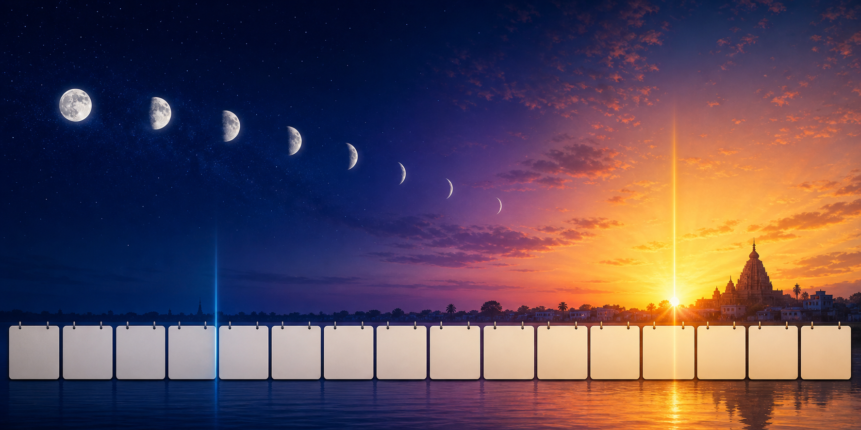 A night-to-sunrise landscape shows the moon moving above blank calendar tiles divided by a golden dawn threshold.