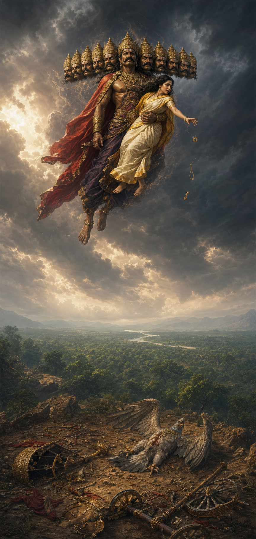 Ravana flies through the sky carrying Sita by his own power while the broken chariot and the fallen Jatayu remain on the forest floor below.