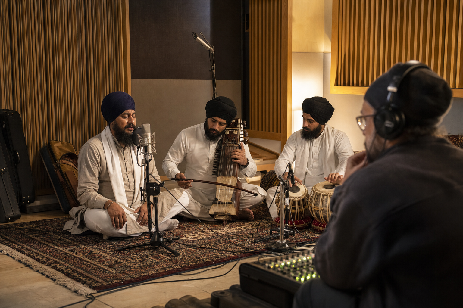 Sikh musicians perform sacred music with traditional instruments while an archivist records the full session and its setting.
