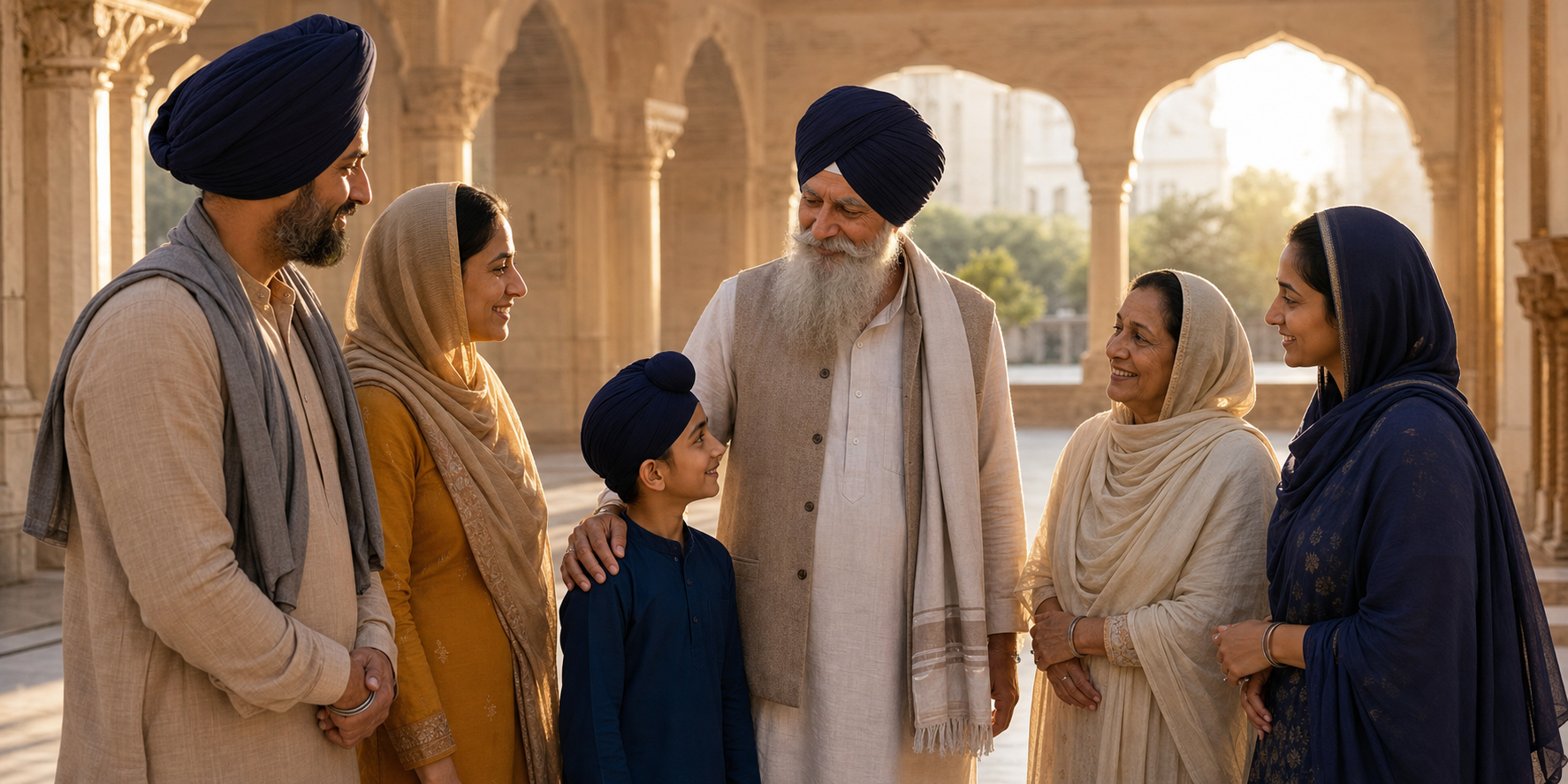 An elderly Sikh man in a navy turban stands with a child and several adults from different generations in a sunlit gurdwara courtyard.