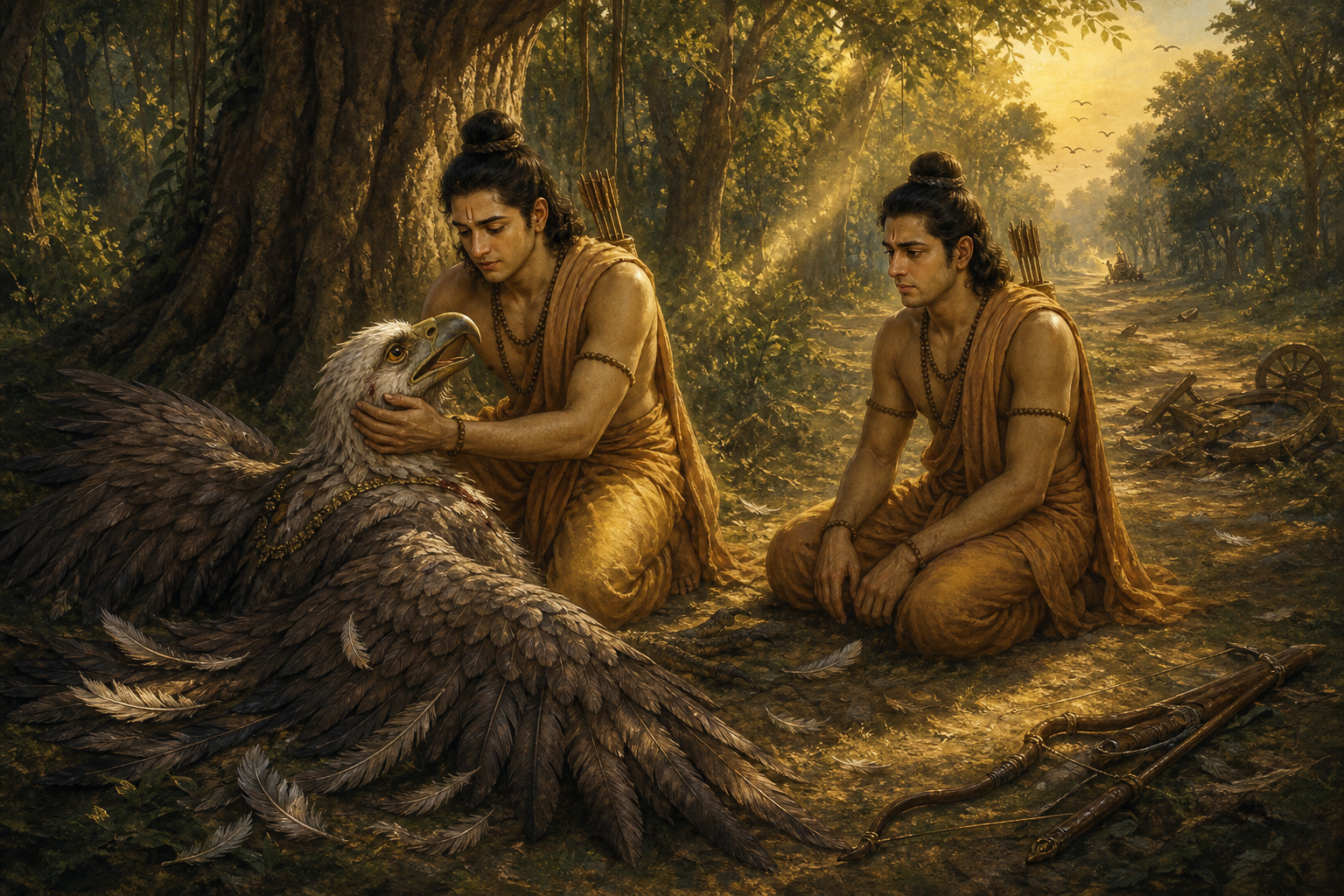 Rama supports the wounded Jatayu in a forest clearing while Lakshmana listens and broken chariot pieces lie nearby.