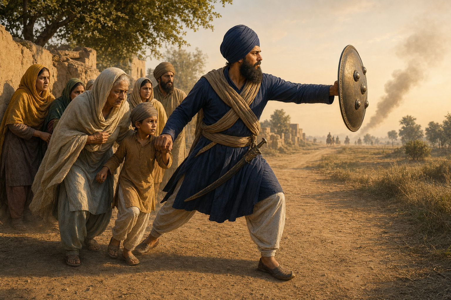 A Sikh guardian carrying a round shield guides an elderly person and a child away from distant danger on a rural road while a sword remains sheathed.