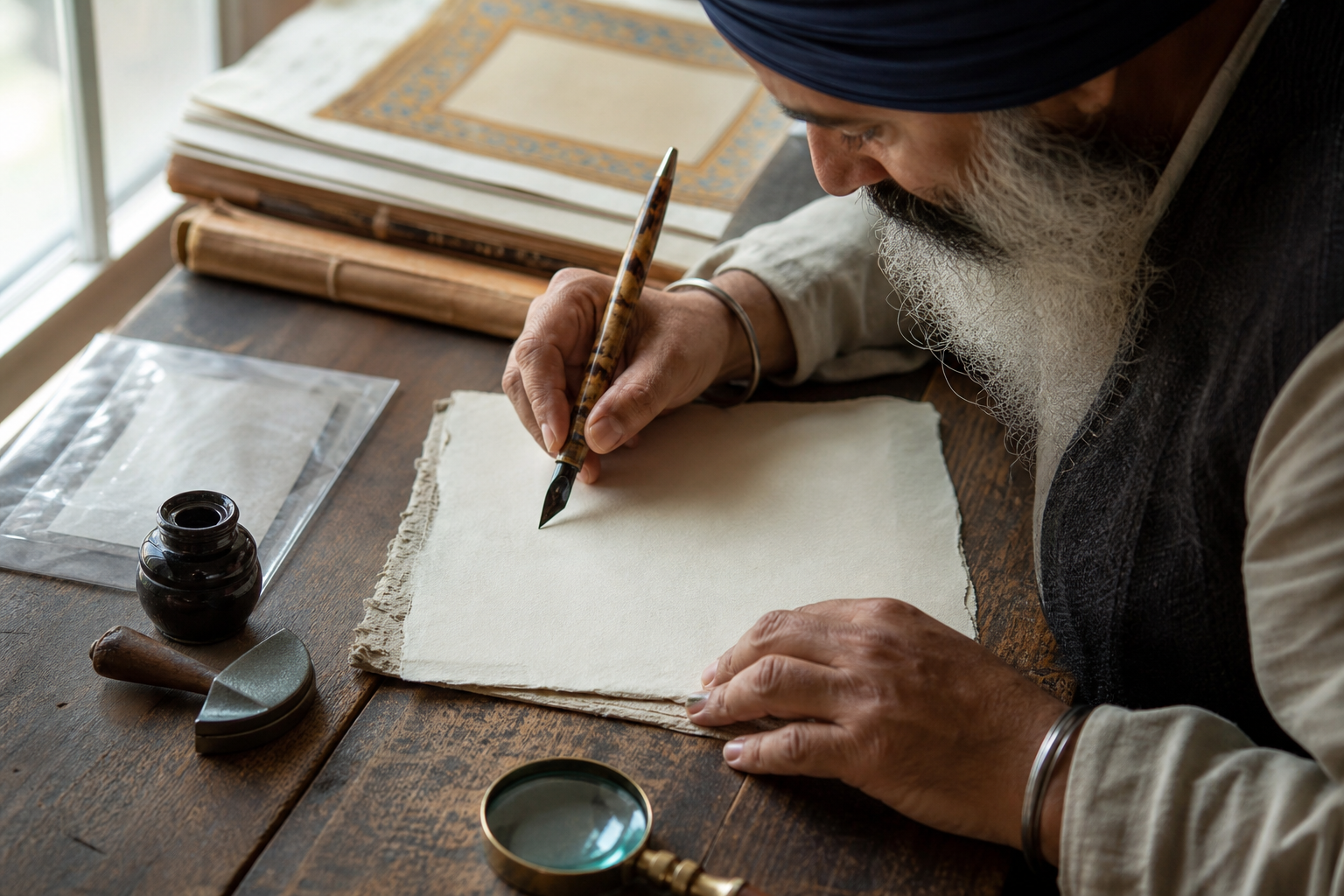 A Sikh calligrapher holds a reed pen above handmade paper beside ink, preservation tools and protected manuscript folios.
