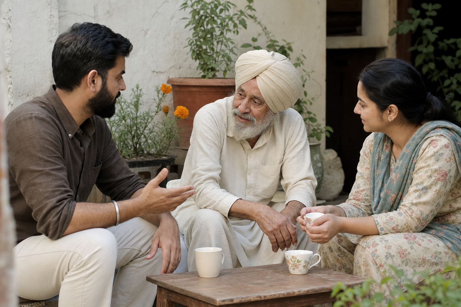 An elderly Sikh man in a cream turban listens to two younger relatives seated with him around a low table in a family courtyard.