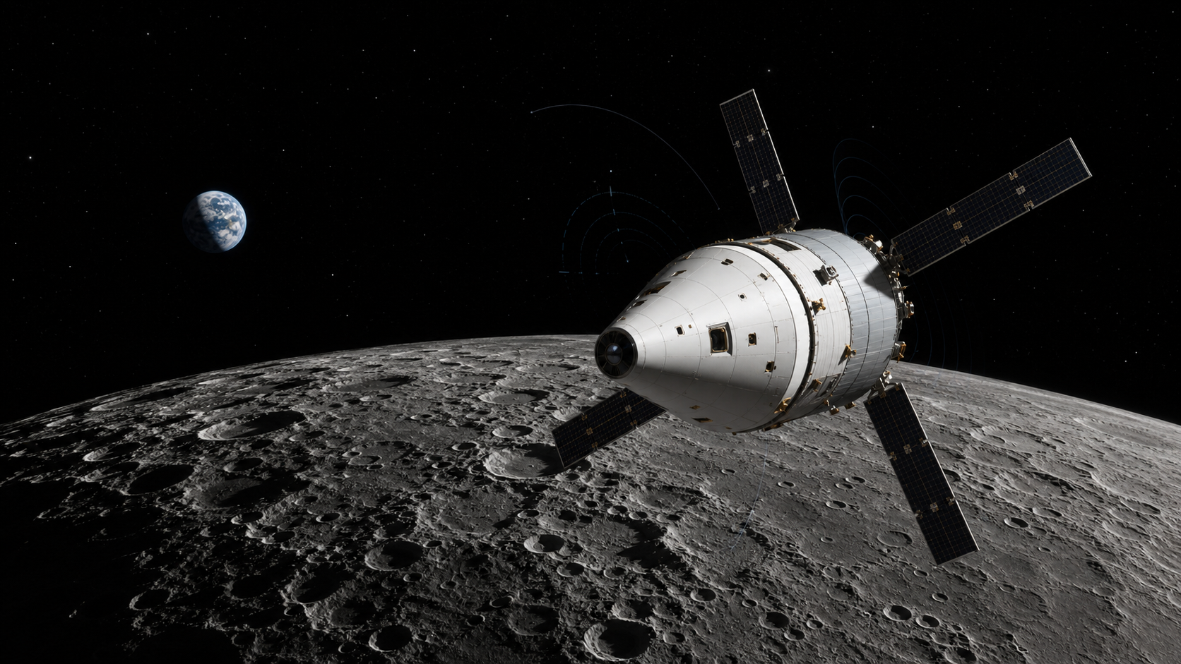 An uncrewed capsule with four solar-array wings coasts above the cratered Moon while Earth appears in the distance and faint tracking arcs surround the spacecraft.