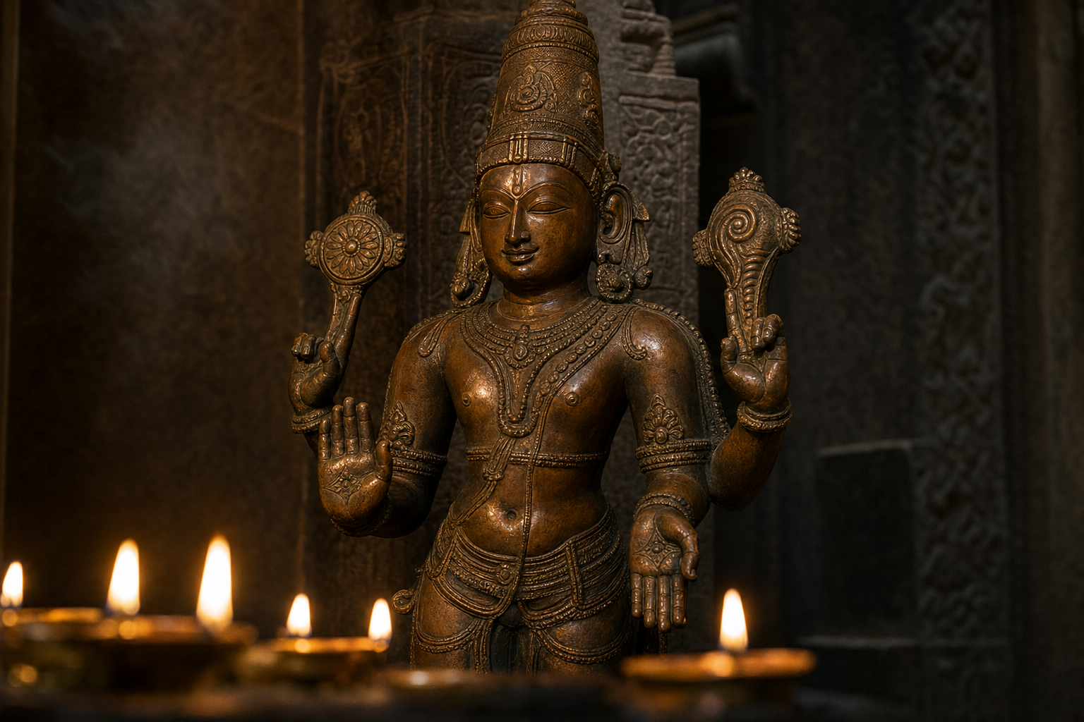 A cast-bronze temple murti with varied brown and golden patina illuminated by deepam flames inside a dim stone sanctum.