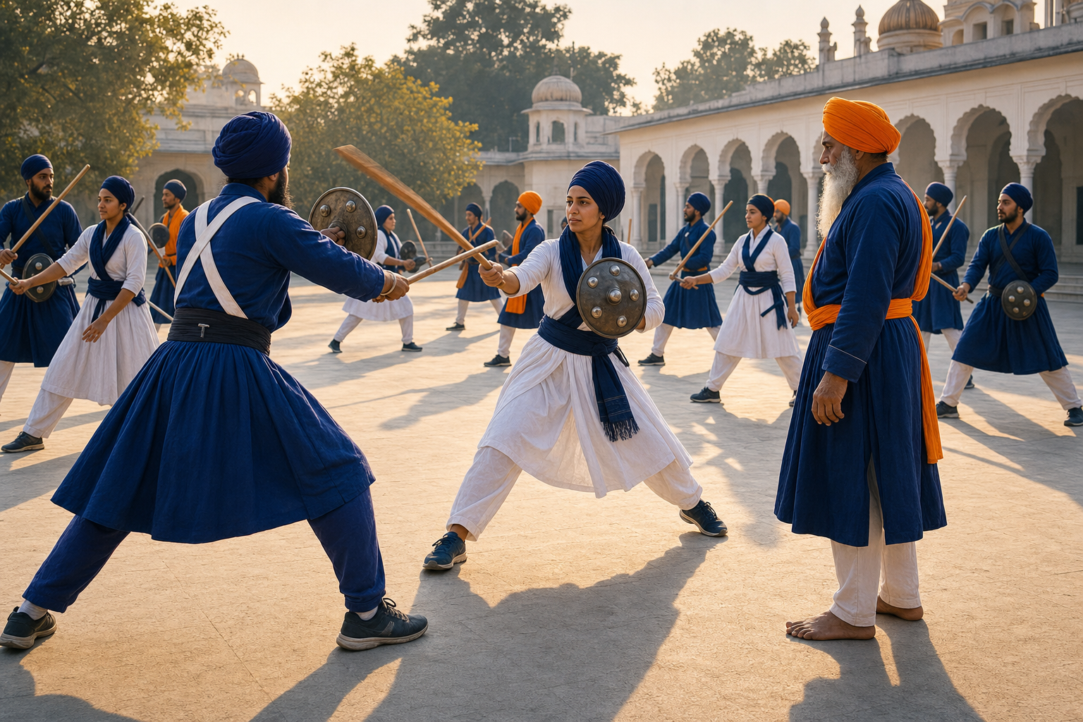 Sikh Gatka practitioners in dastars train with wooden sticks and small round shields in a sunlit courtyard while an instructor observes.