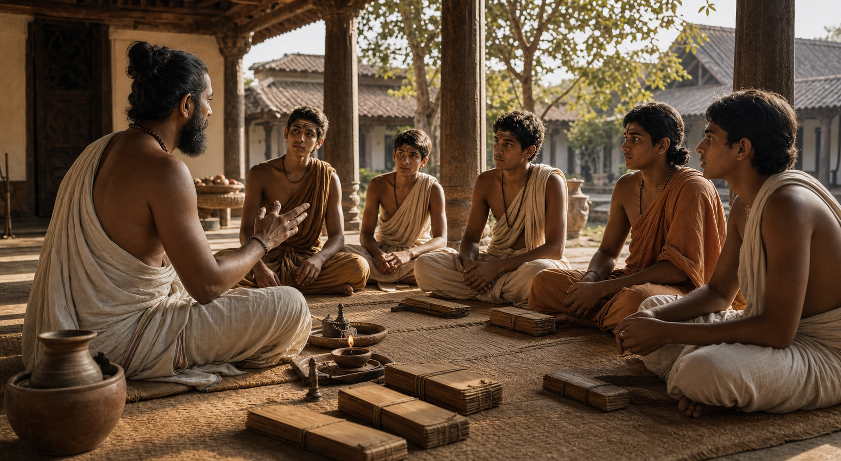 A teacher and students practice oral recitation in a courtyard beside closed palm-leaf manuscript bundles.
