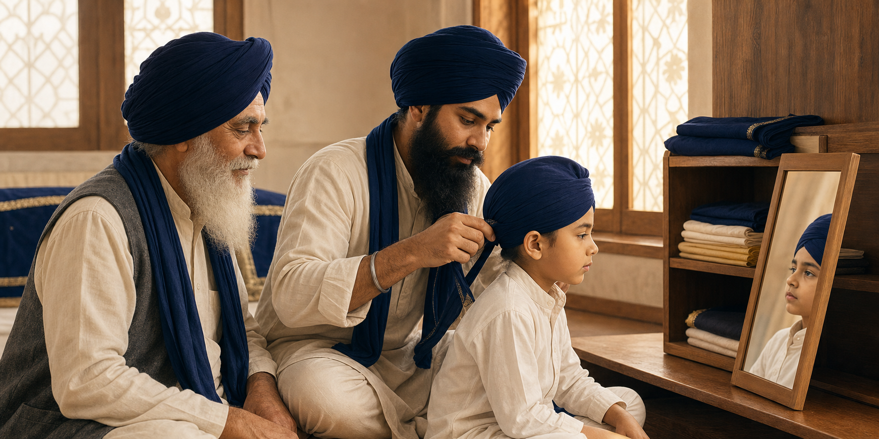 An elder watches as an adult helps a child arrange a small turban in a softly lit gurdwara learning room.