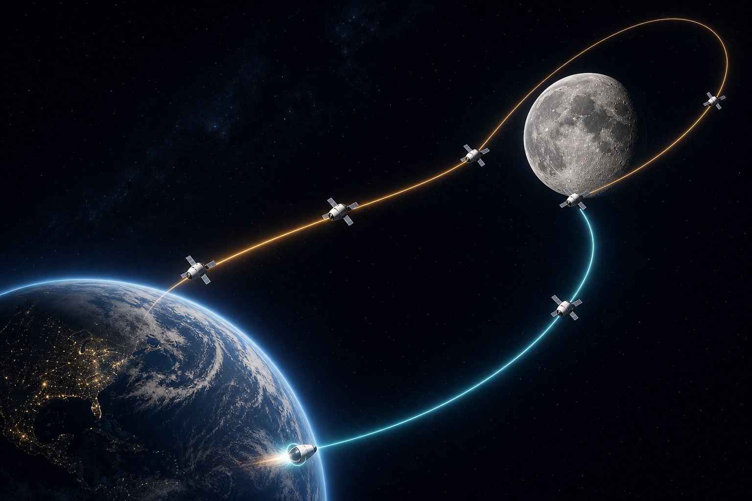 A conceptual lunar mission trajectory runs from Earth past the Moon, through a distant loop around the Moon and back to atmospheric entry at Earth.