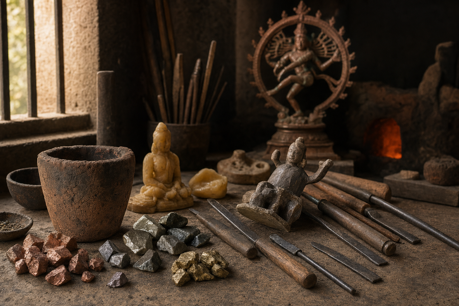 Metal pieces, a clay crucible, casting tools, and a finished bronze figure arranged in a traditional bronze-casting workshop.