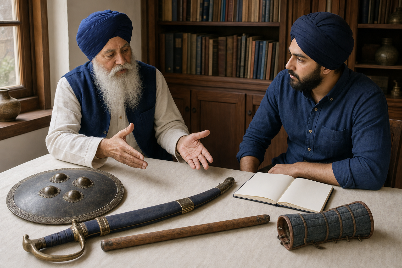 An older Sikh practitioner and a younger researcher examine a sheathed sword, round shield, wooden training stick, and arm guard on a cloth-covered table.
