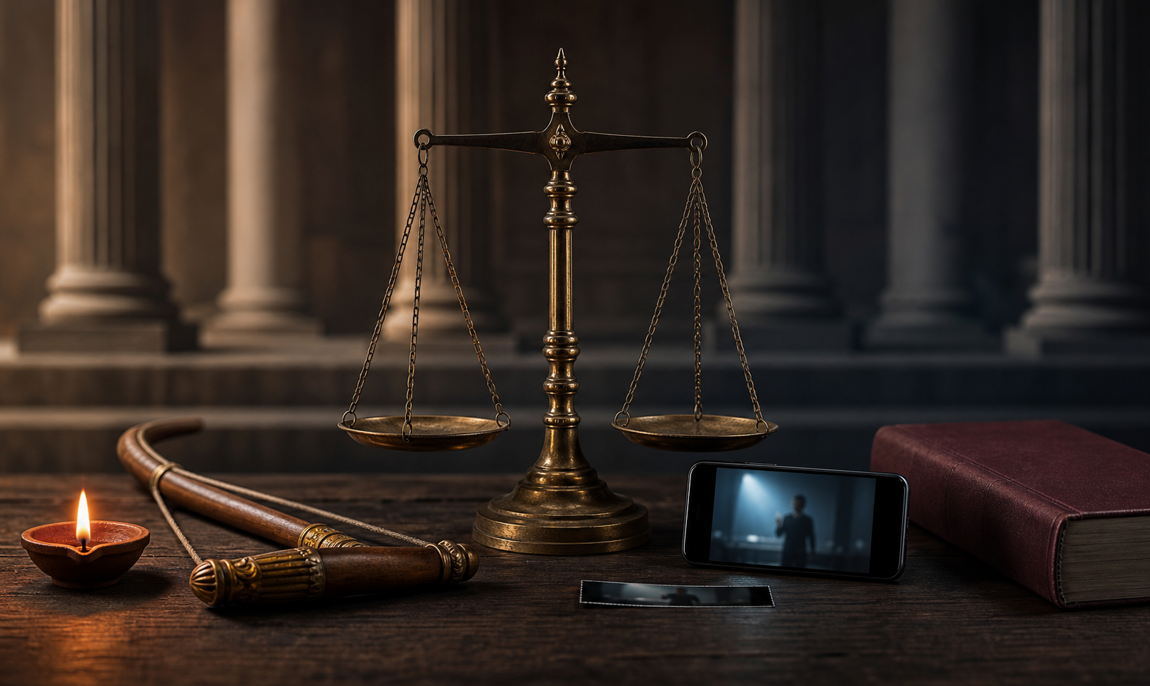 A brass balance scale stands between a glowing clay lamp and bow on one side and a smartphone with a closed legal file on the other.