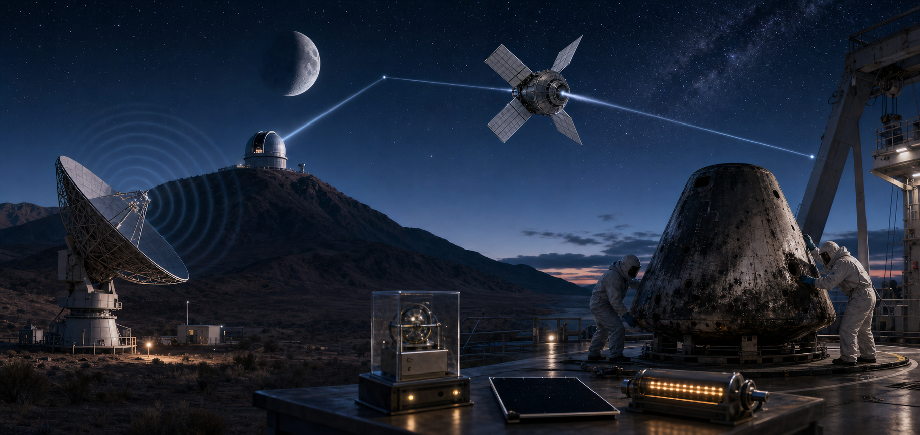 A radio dish, mountain telescope, tracked lunar spacecraft and recovered return capsule represent independent links in a chain of mission evidence.
