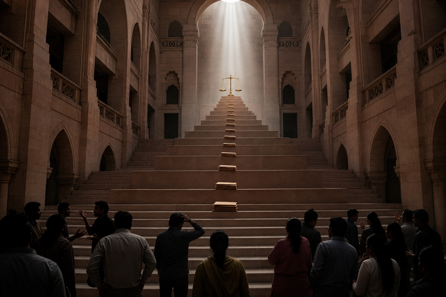 Sandstone courthouse steps rise from a group of anonymous figures toward illuminated balance scales and sealed evidence folders.