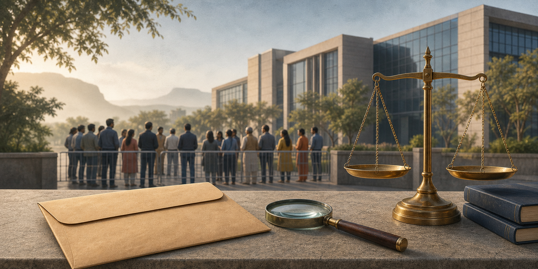 An unbranded office campus and a distant peaceful gathering appear behind a table holding an evidence envelope, magnifying glass, and balanced scales.