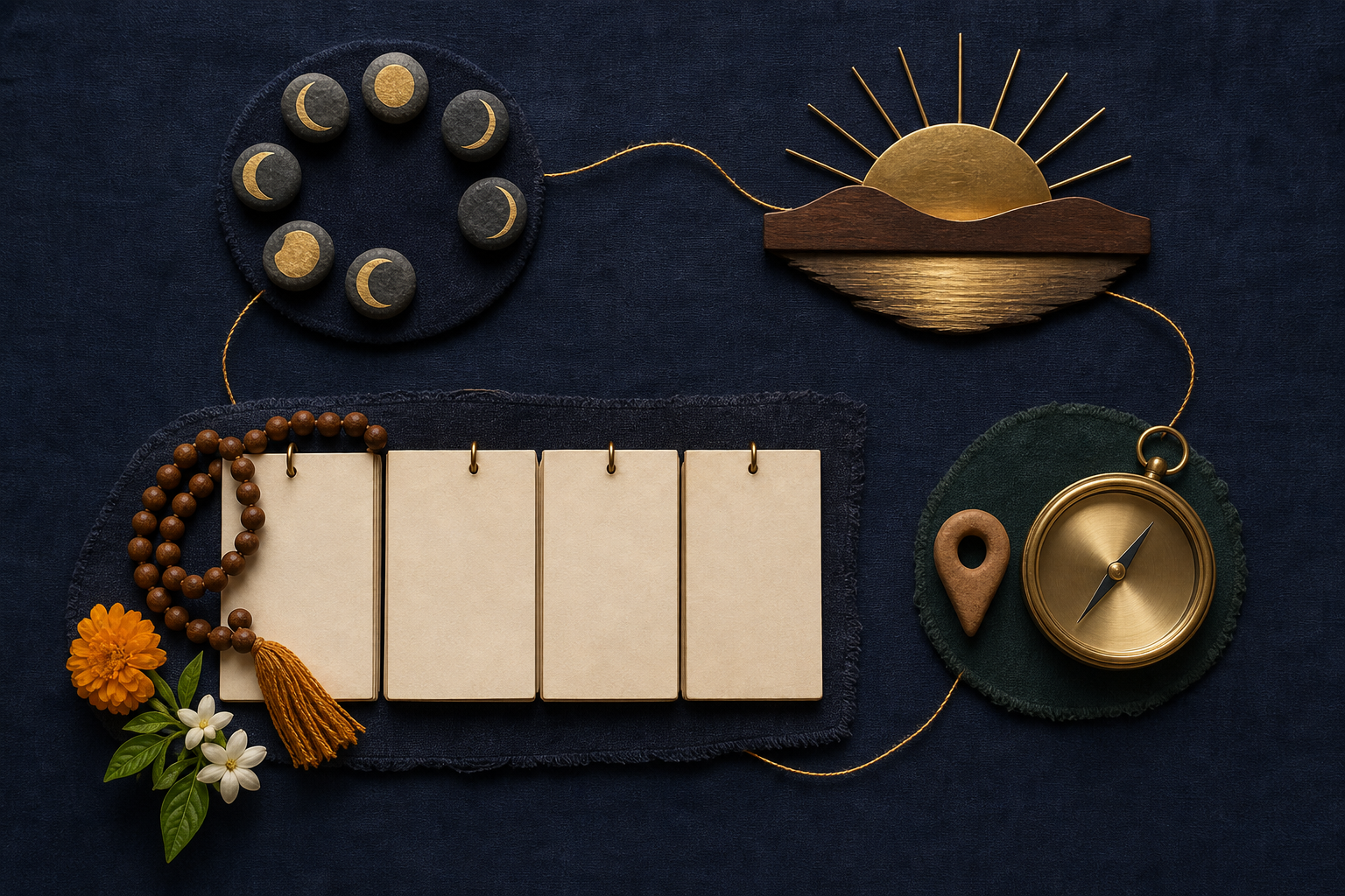 Lunar-phase stones, a miniature sunrise, a clay location marker, and blank calendar leaves are connected by golden threads.