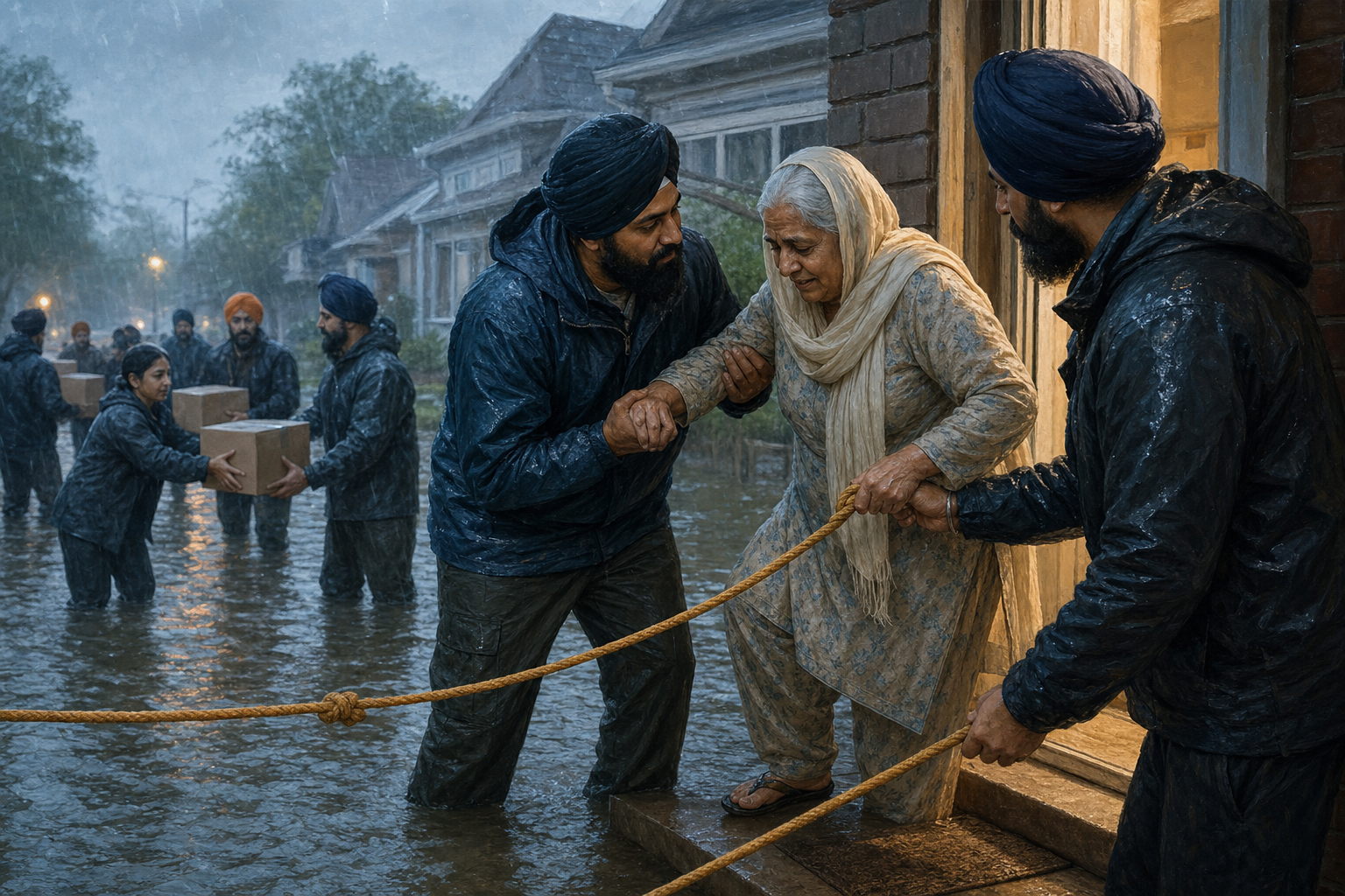 Two Sikh volunteers wearing dastars help an elderly resident cross shallow floodwater while neighbors move supply boxes nearby.