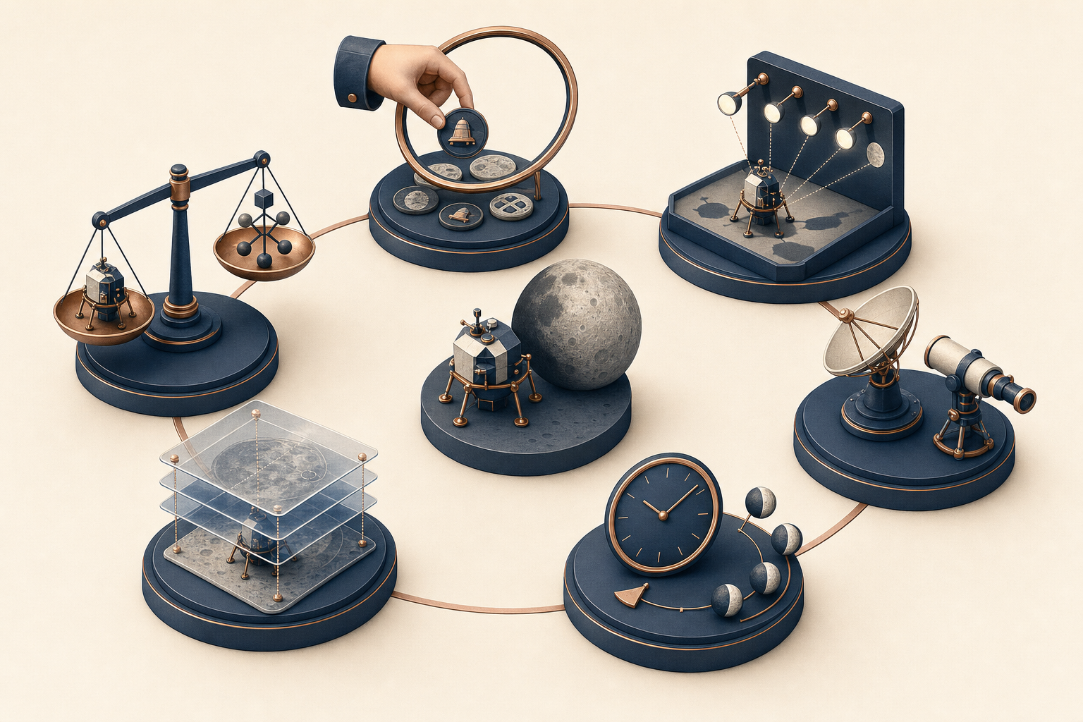 Six unlabeled workstations surround a spacecraft model, depicting claim definition, predictions, independent observations, time checks, comparison and alternative assessment.