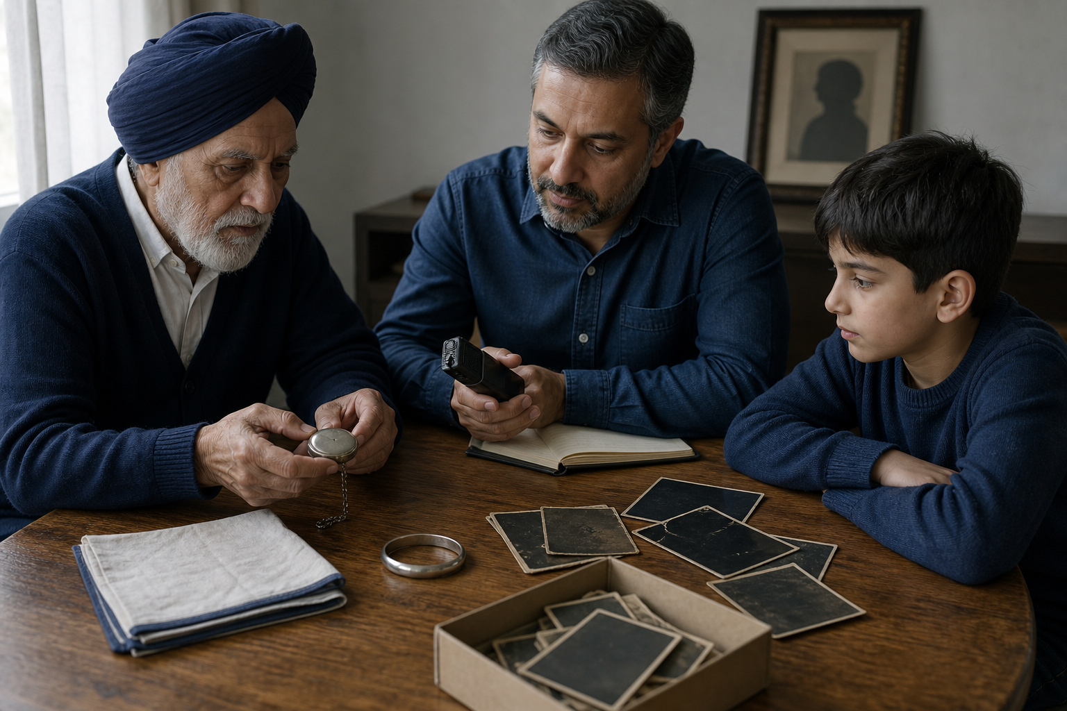 Three generations examine an elder's plain personal objects and indistinct family photographs while recording an oral memory at a wooden table.