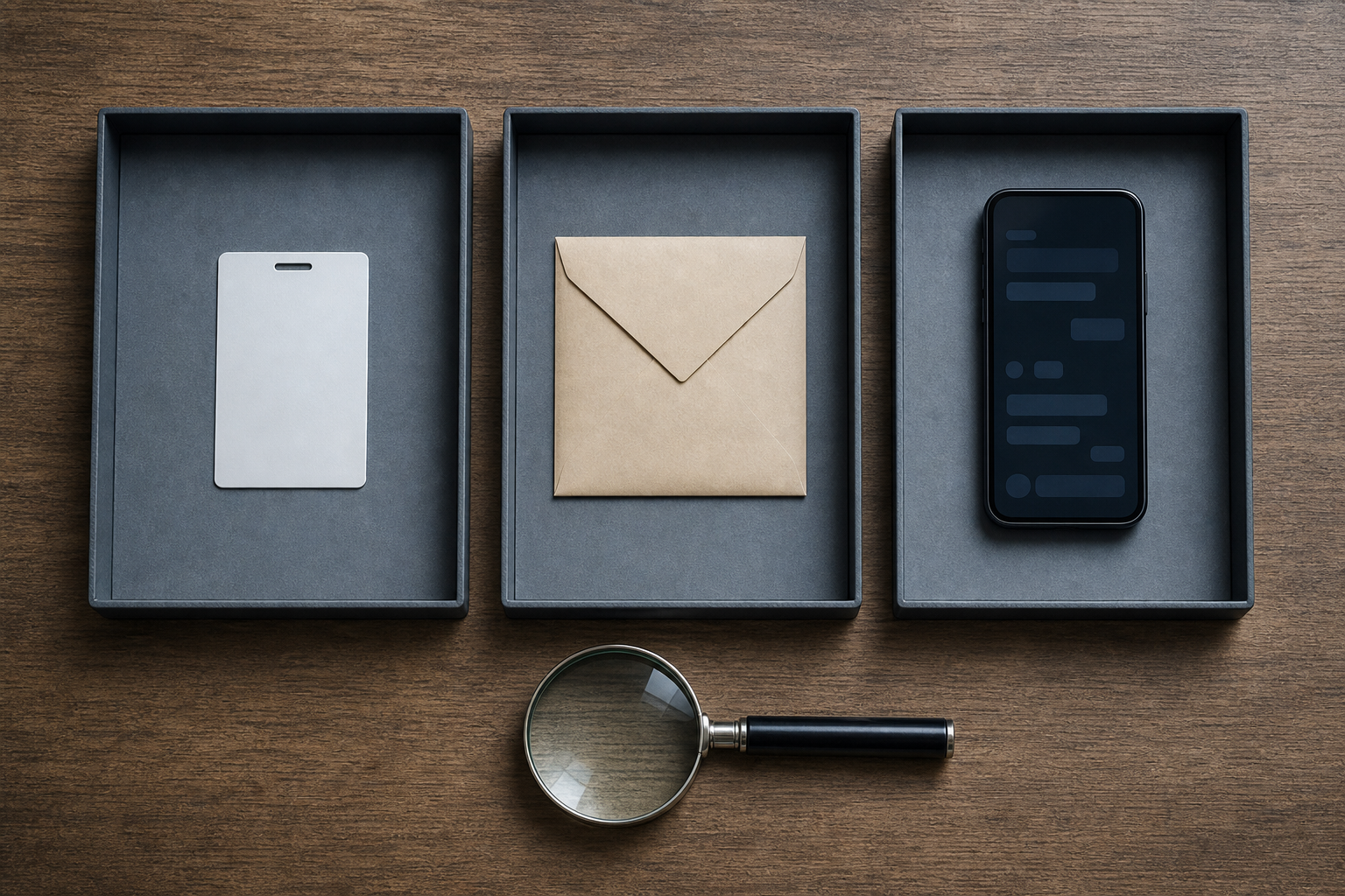 Three separated evidence trays hold an unbranded access card, a sealed note, and a mobile phone beside a magnifying glass.
