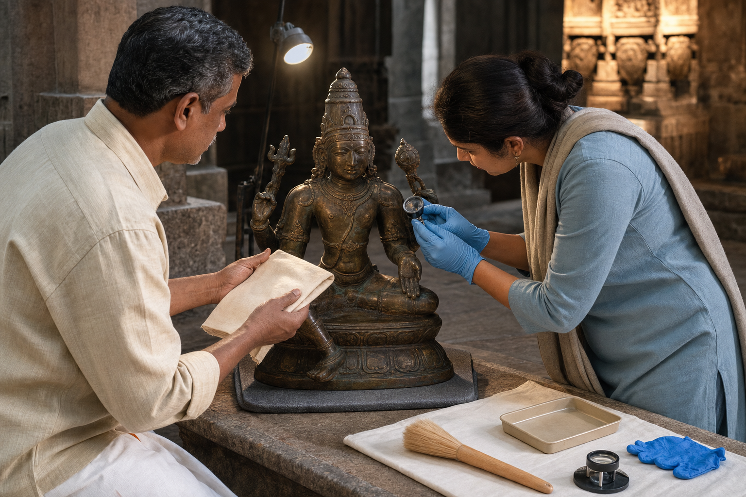 A temple caretaker and conservation professional carefully examine a bronze murti beside soft brushes, cotton cloth, gloves, and a magnifier.