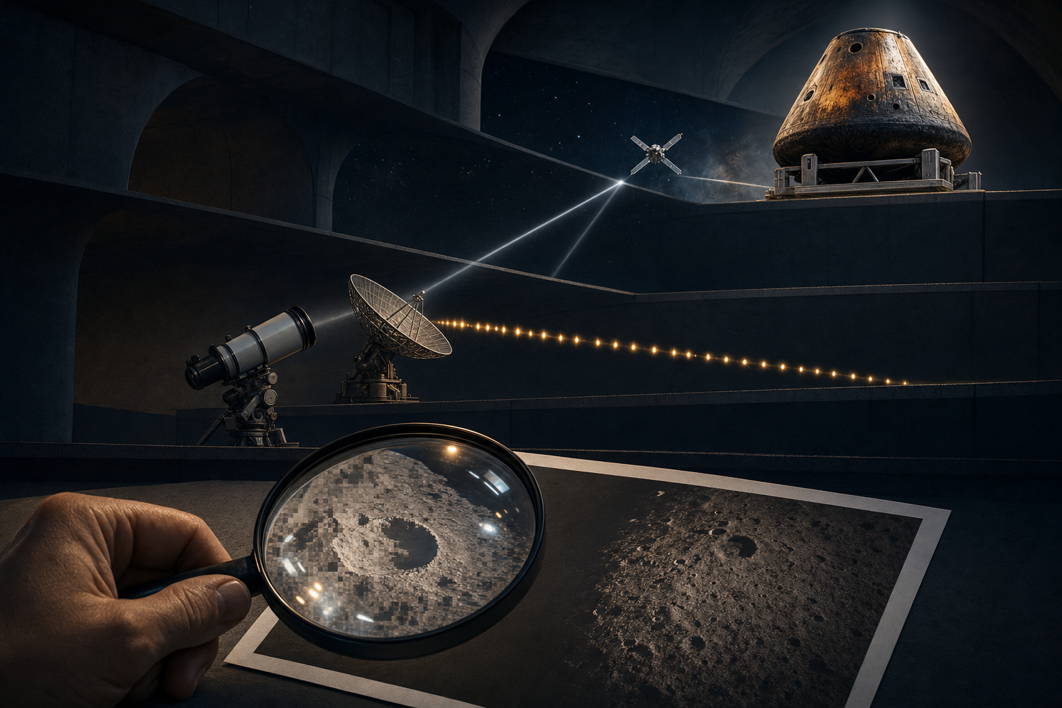 An ambiguous lunar image, telescope, radio dish, spacecraft sight lines and heat-darkened return capsule are arranged in ascending layers of evidence.