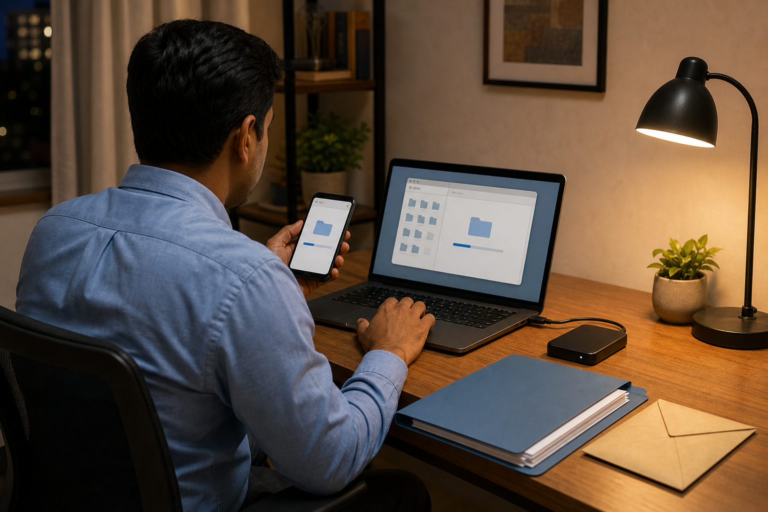 An office worker privately organizes blank documents and backs up files from a phone to a laptop at a home desk.