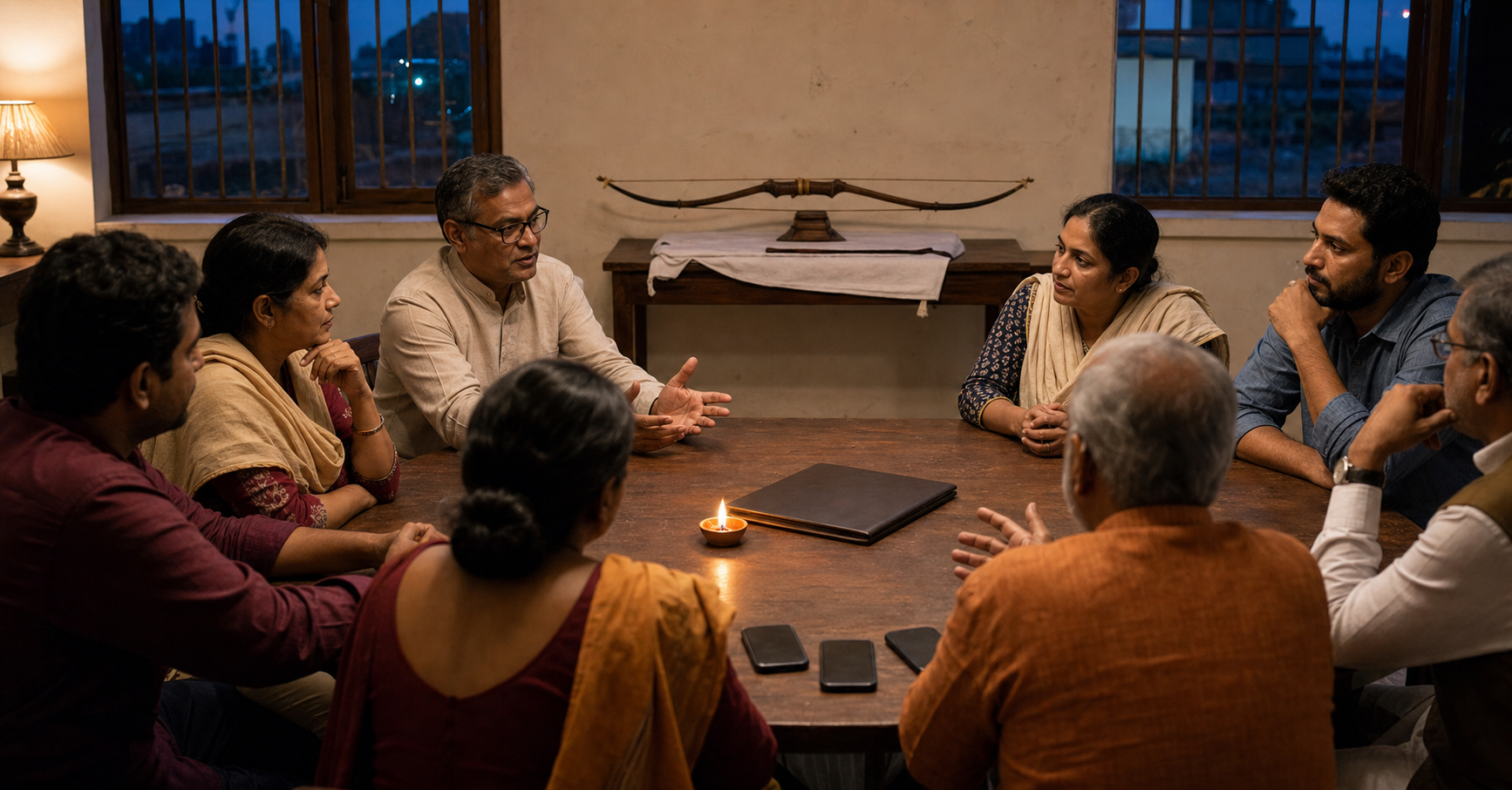 A group of adults holds a calm discussion around a table with a clay lamp, closed folder, and face-down smartphones.