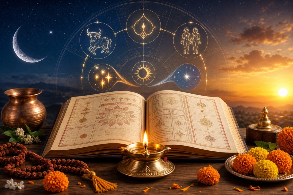 Open Indian Panchang with brass diya, marigolds, moon, sun, and zodiac symbols at sacred sunrise