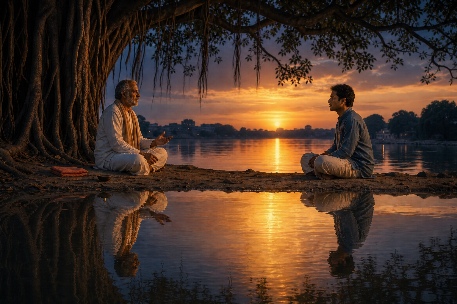 A teacher and student sit apart beneath a banyan tree while their reflections meet in golden light on the river.