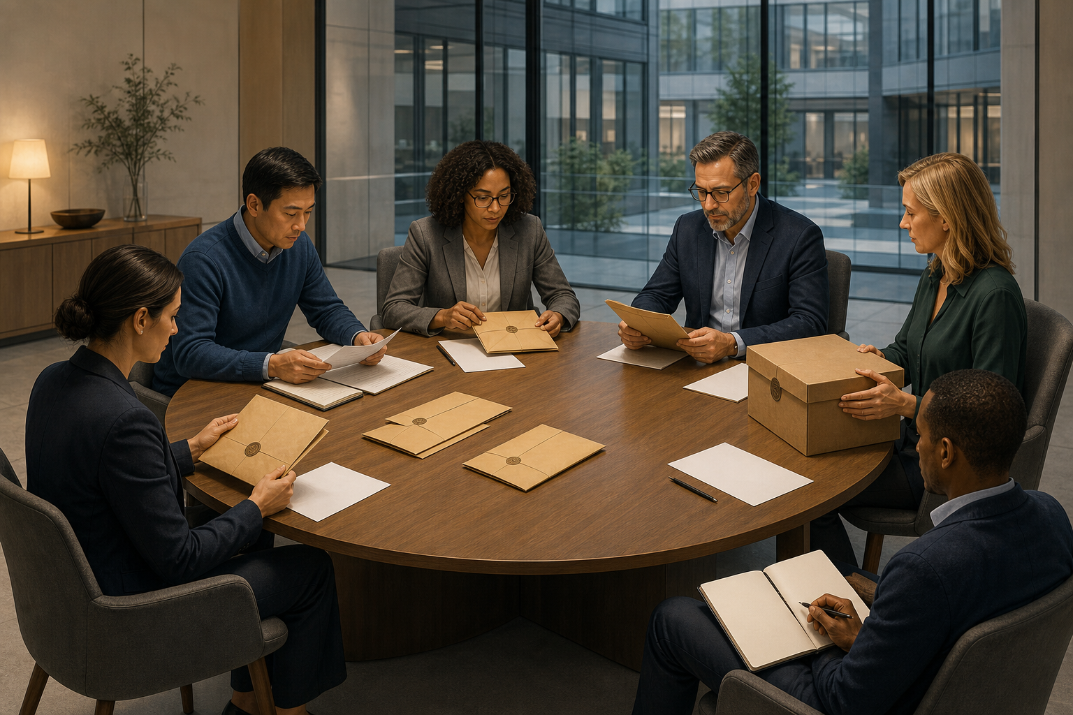 A diverse independent review group examines sealed evidence packets and blank documents around a circular meeting table.