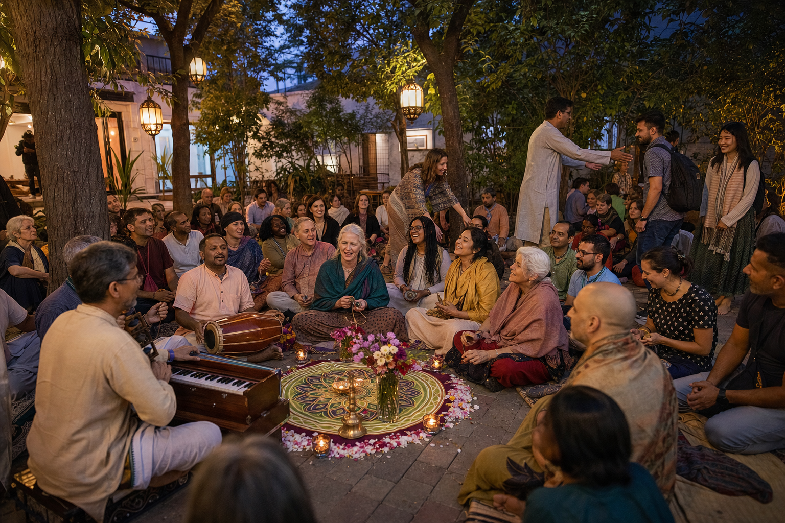 Newcomers and experienced practitioners sing together in a semicircle at an evening bhakti gathering in a community courtyard.